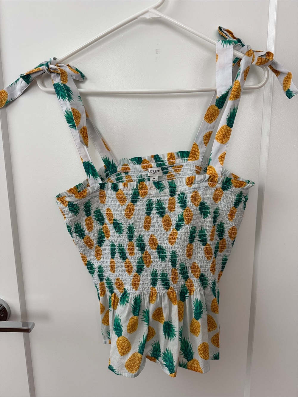 J. Crew White Pineapple Smocked Tie-Shoulder Top